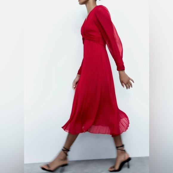 ZARA Pleated Midi Dress Large Fuchsia pink solid long sleeve flowy twist front - Picture 13 of 14